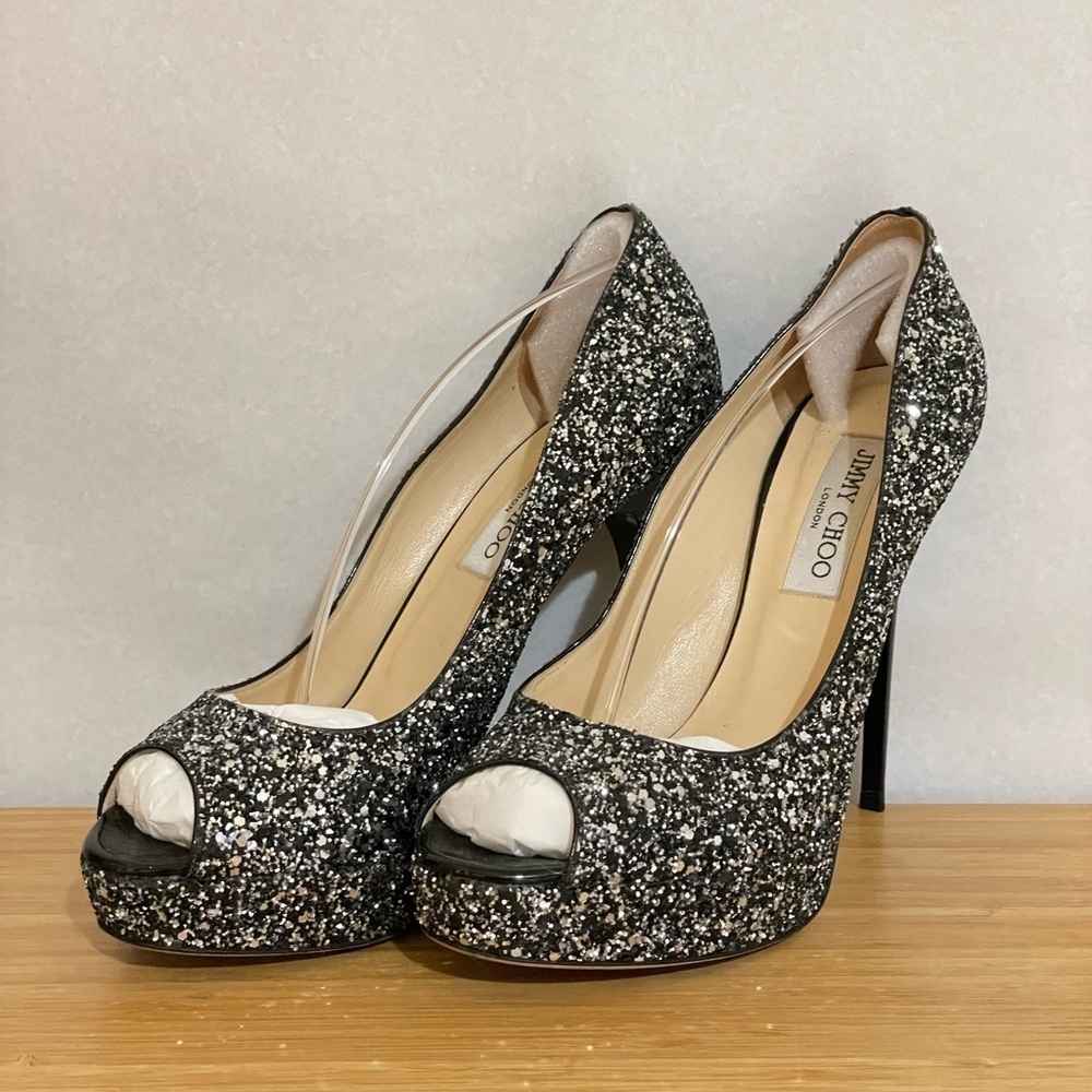 Jimmy Choo Dhalia stilleto pumps 120mm platform black silver chunky glitter 38.5 - Picture 8 of 10